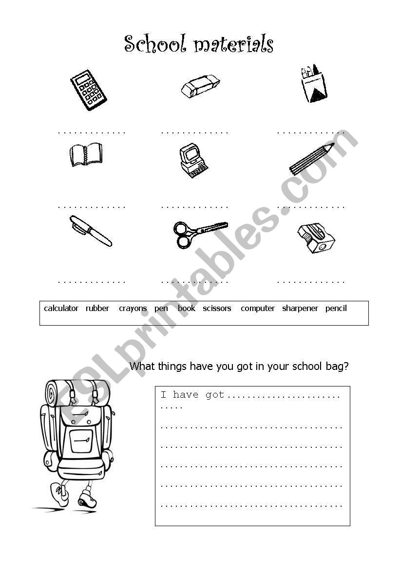 school materials worksheet