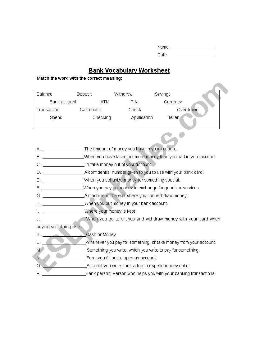 Bank Vocabulary worksheet worksheet