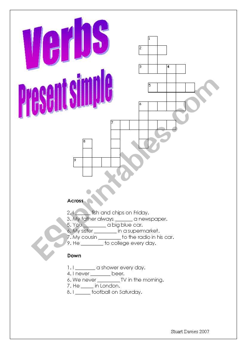 Present Simple Verbs Crossword ESL Worksheet By Stoodi