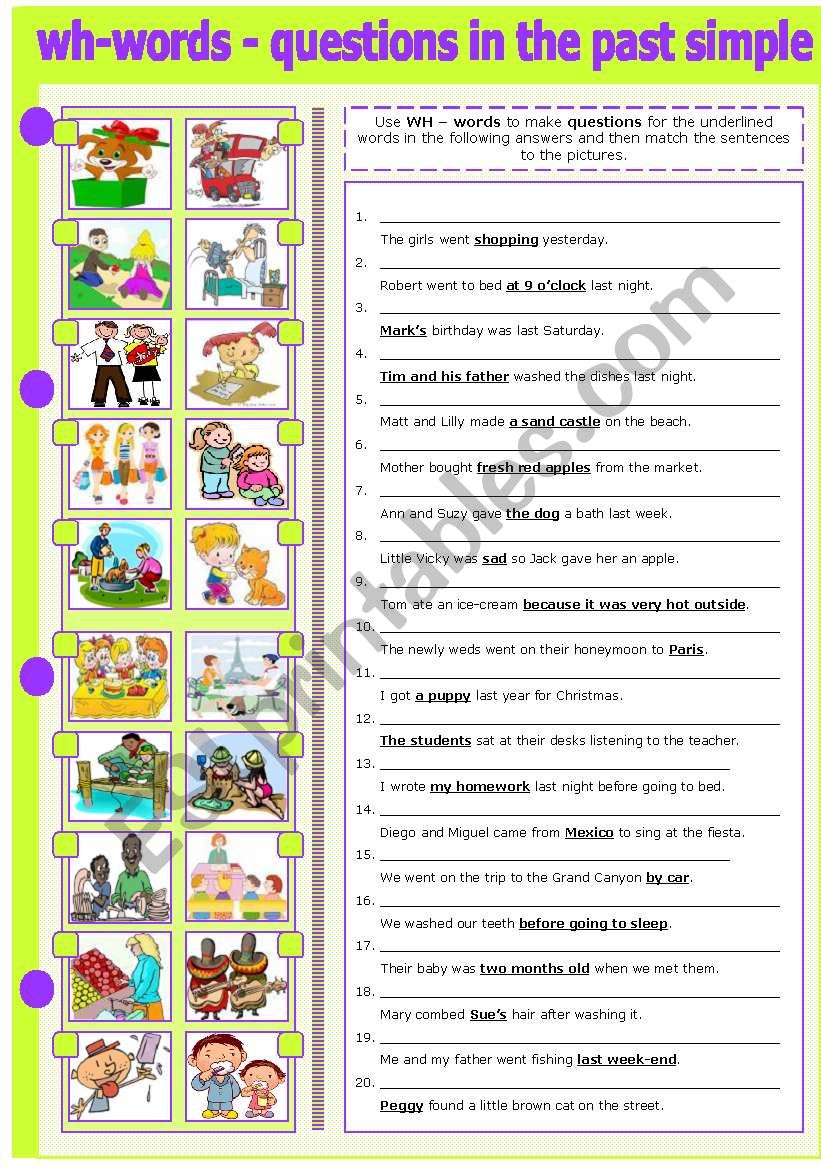 wh words making questions in the past simple esl worksheet by evadp75