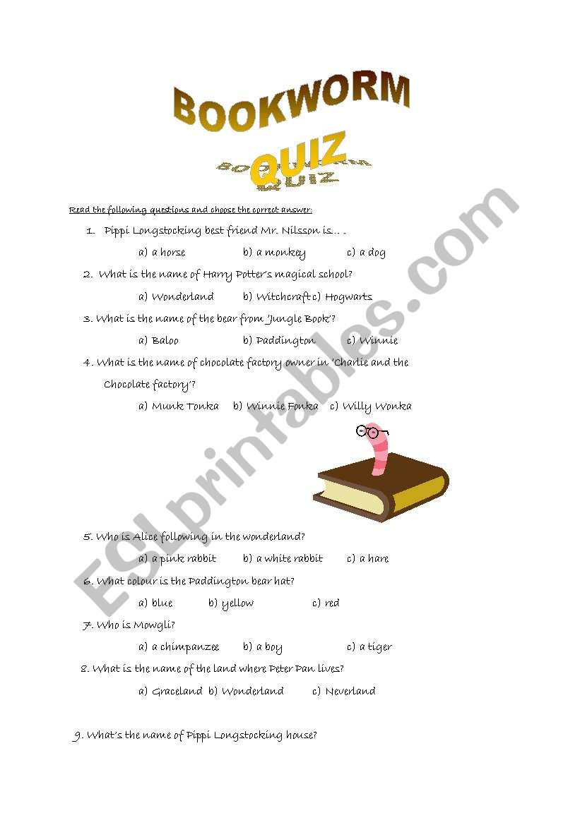 bookworm quiz worksheet