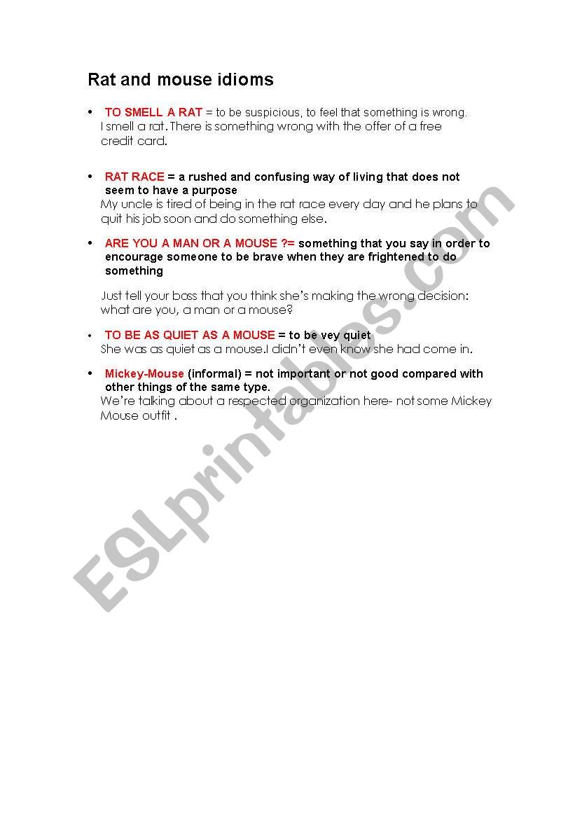 rat and mouse idioms worksheet