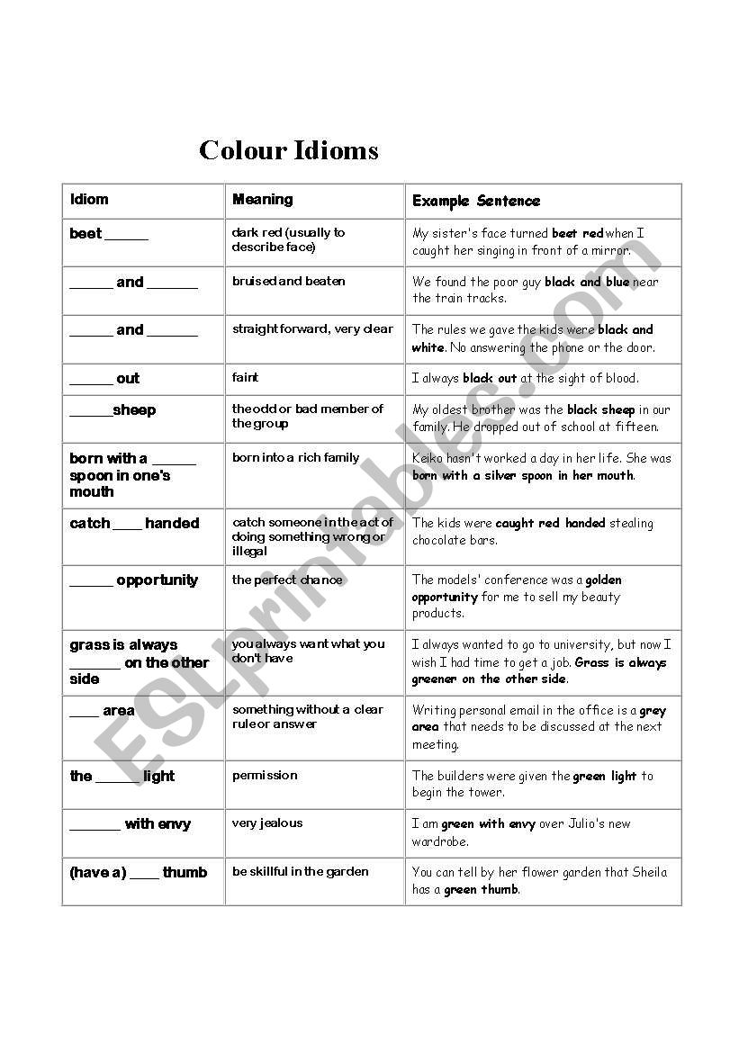 Color idioms worksheet