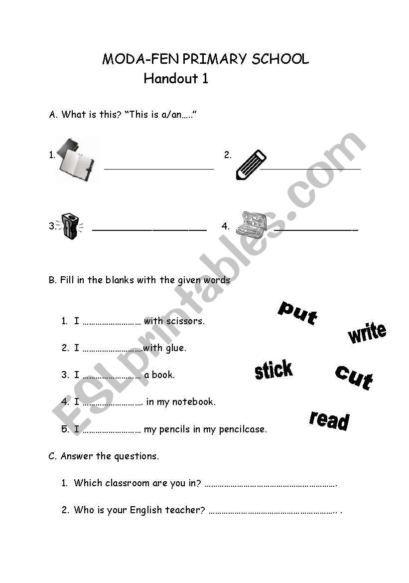 school objects worksheet