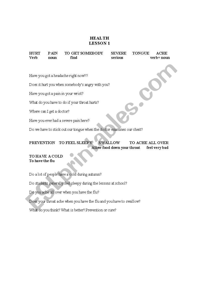 Health ( Callan method) worksheet