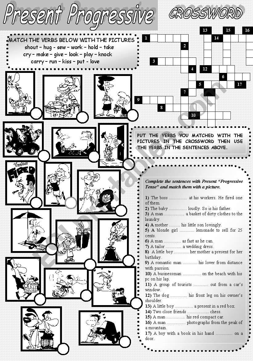 Present Continuous Tense (Exercises and Crossword) B&W Version