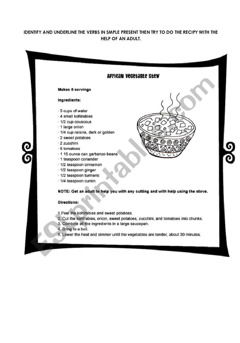 english through recipes worksheet