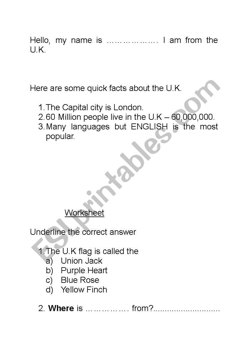 U.K Fact Quiz worksheet