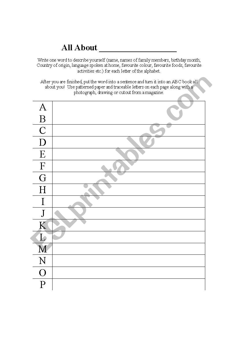 All About Me ABC Book worksheet