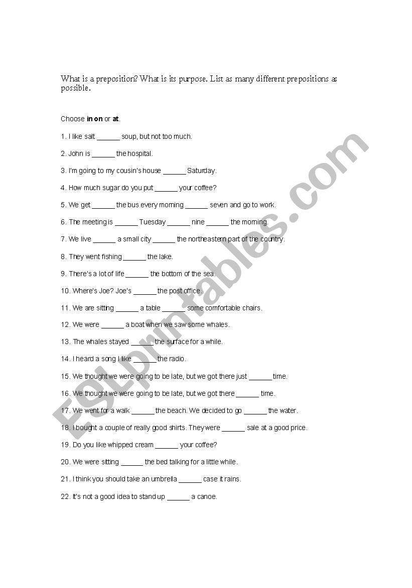 Prepositions: on, at, in worksheet