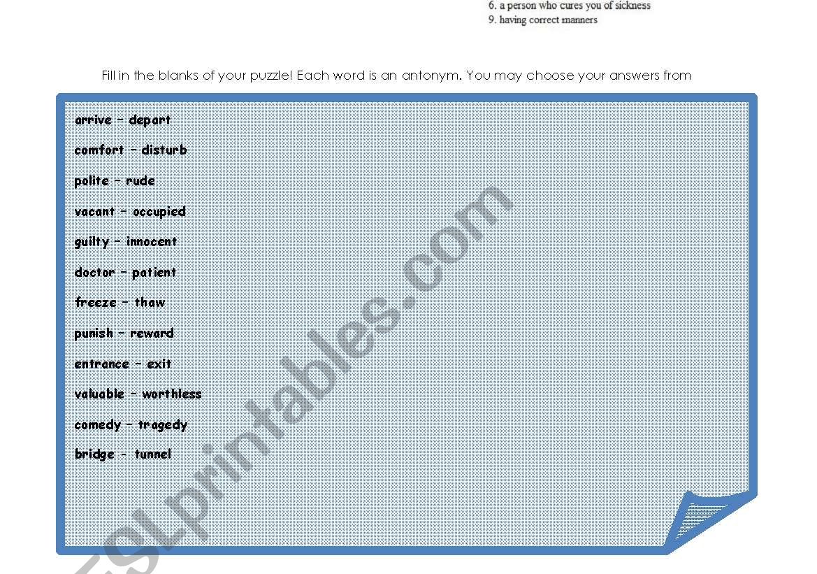 Antonym Crossword Puzzle worksheet