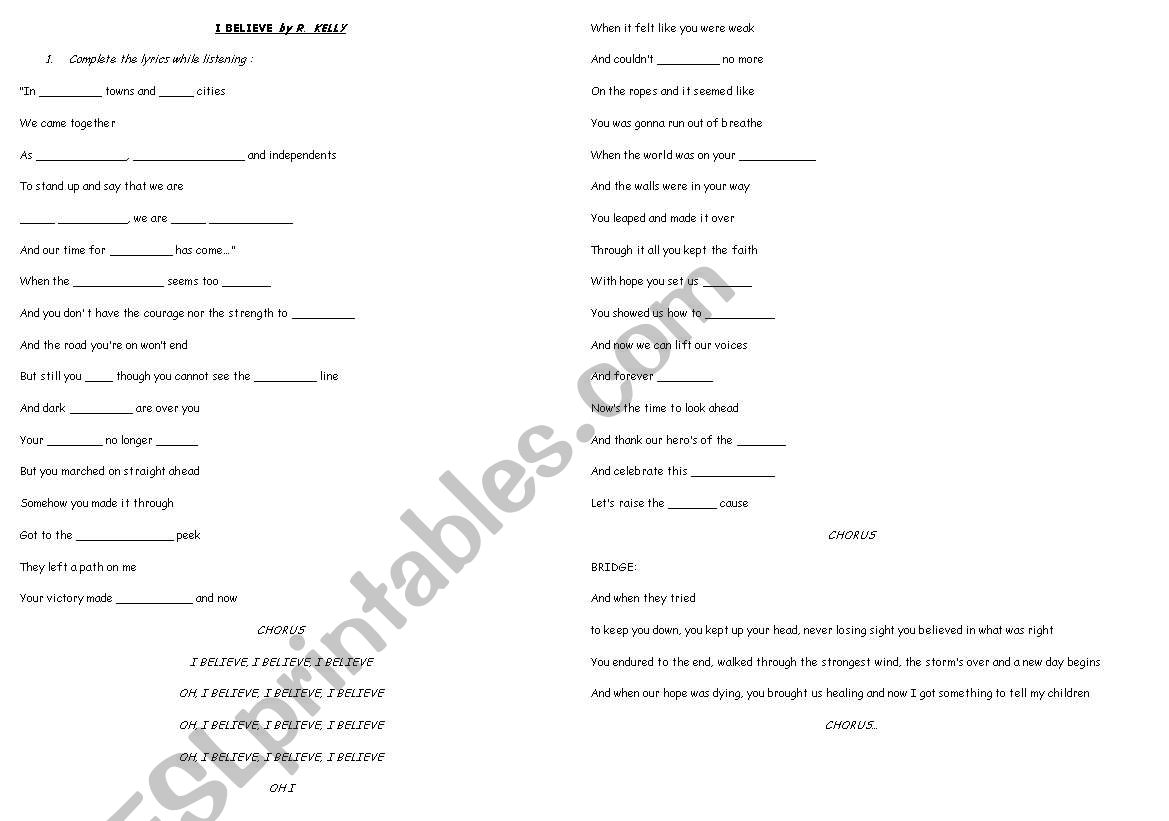 I belive by R KELLY worksheet