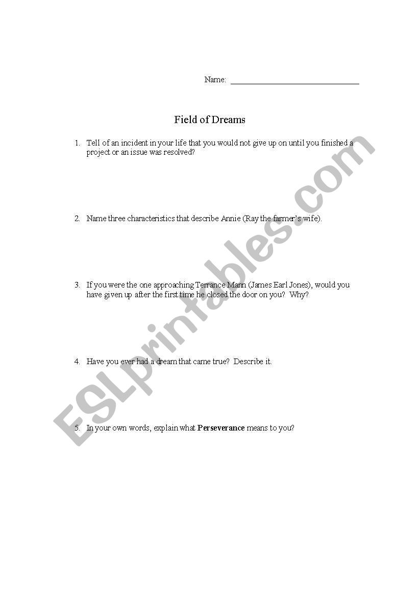 Field of Dreams worksheet