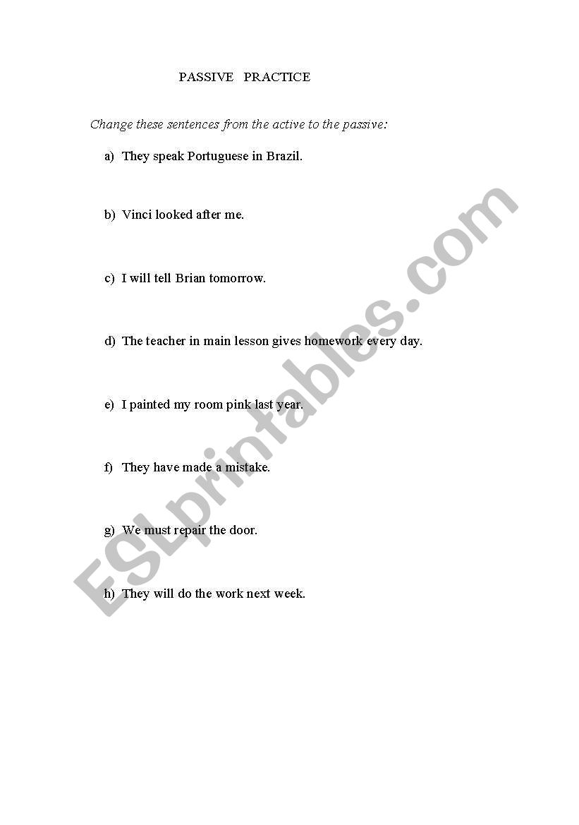 Active to Passive exercise worksheet