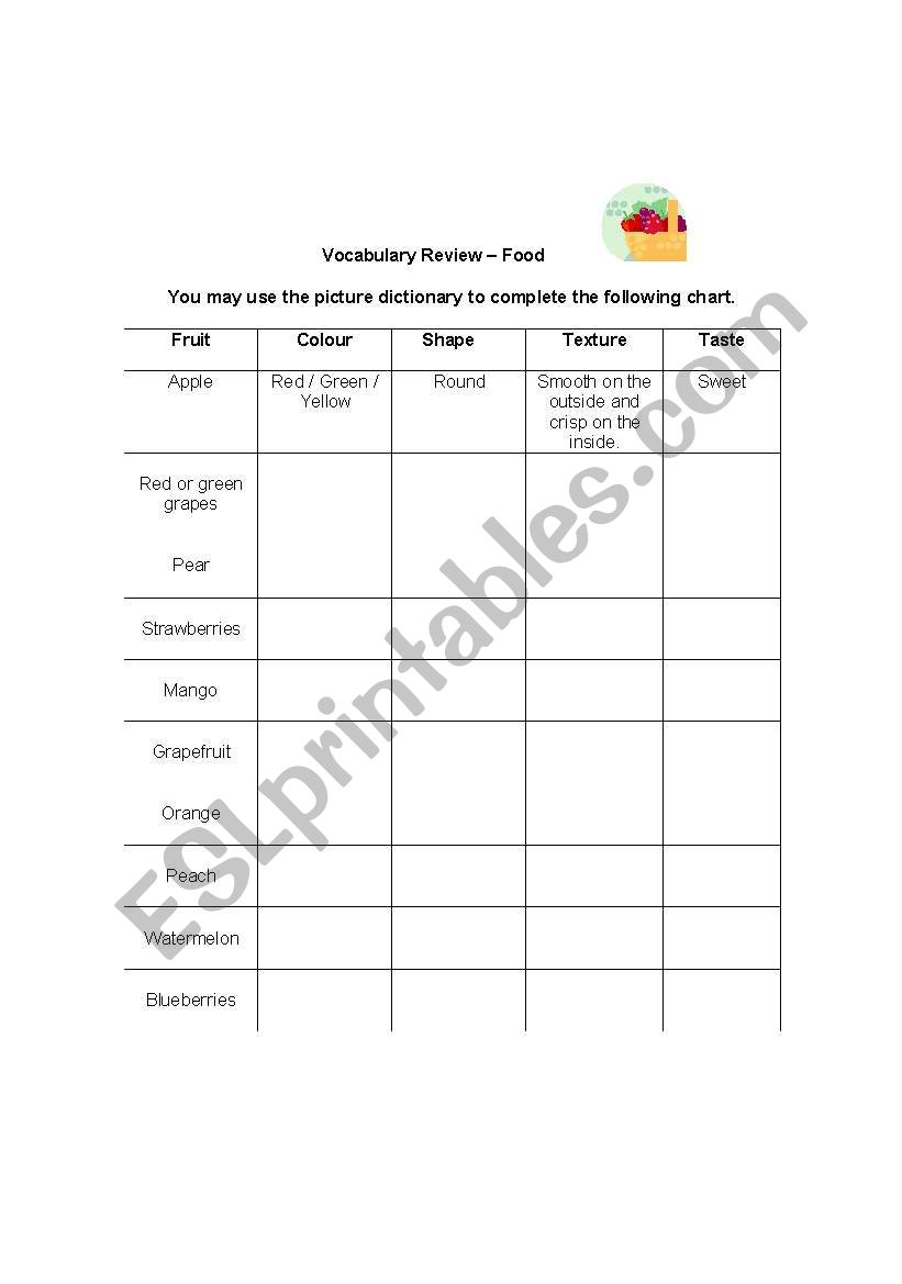 Vocabulary - fruit worksheet