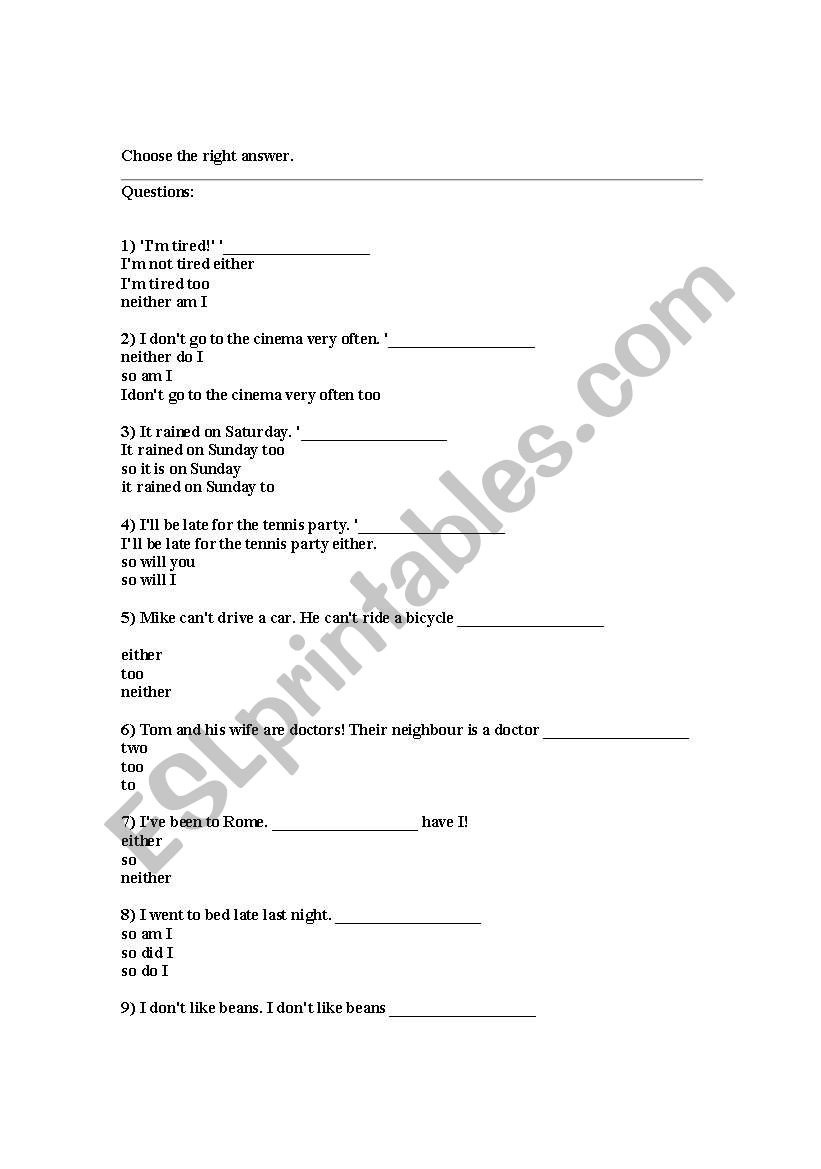 Too and Either worksheet