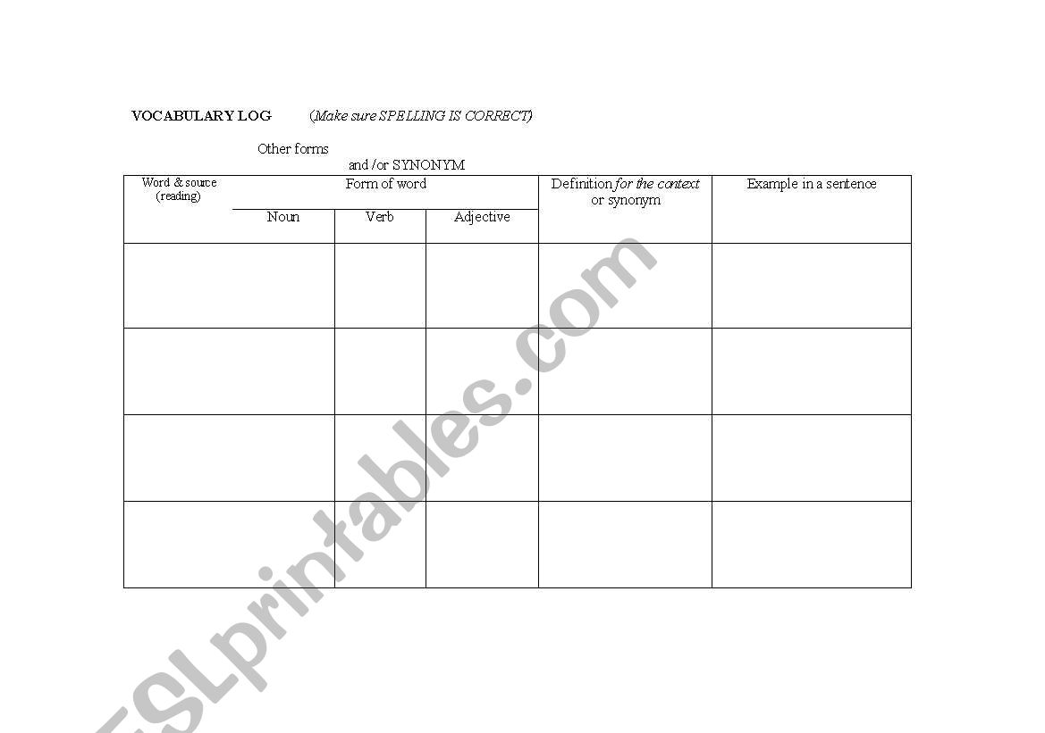 Vocabulary Log worksheet