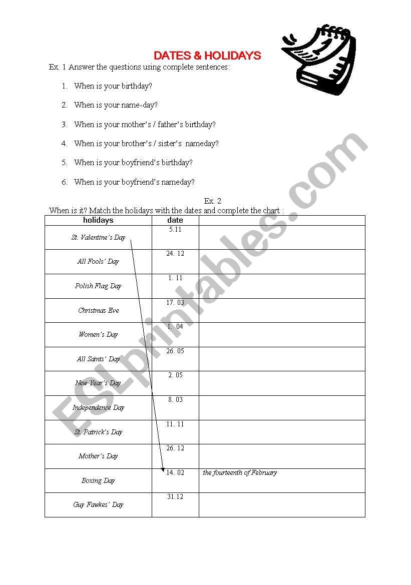 dates&holidays worksheet