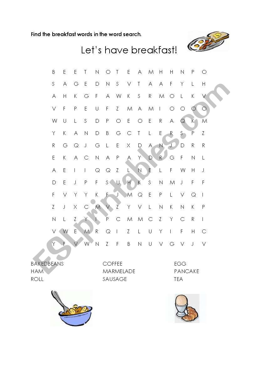 English Worksheets English Breakfast Word Search