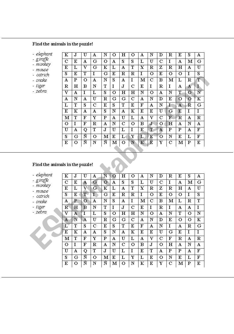 English Worksheets Animals Crossword