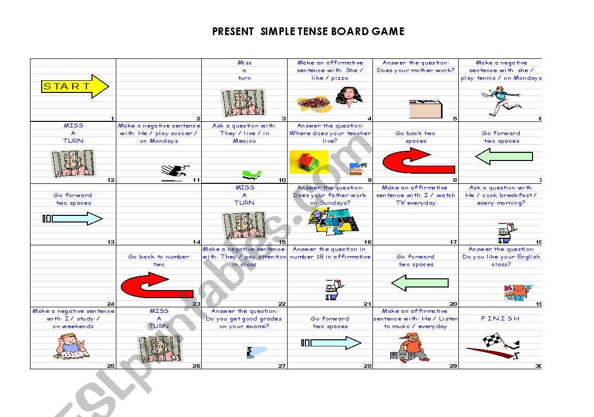 Present simple board game worksheet