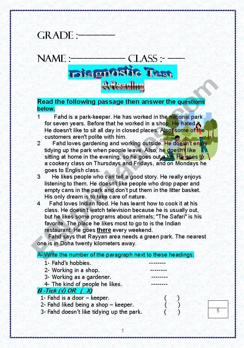 Diagnostic Test Grades 5 11 Reading writing Language Vocab ESL 