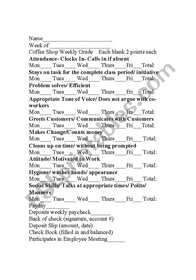 rubric worksheet