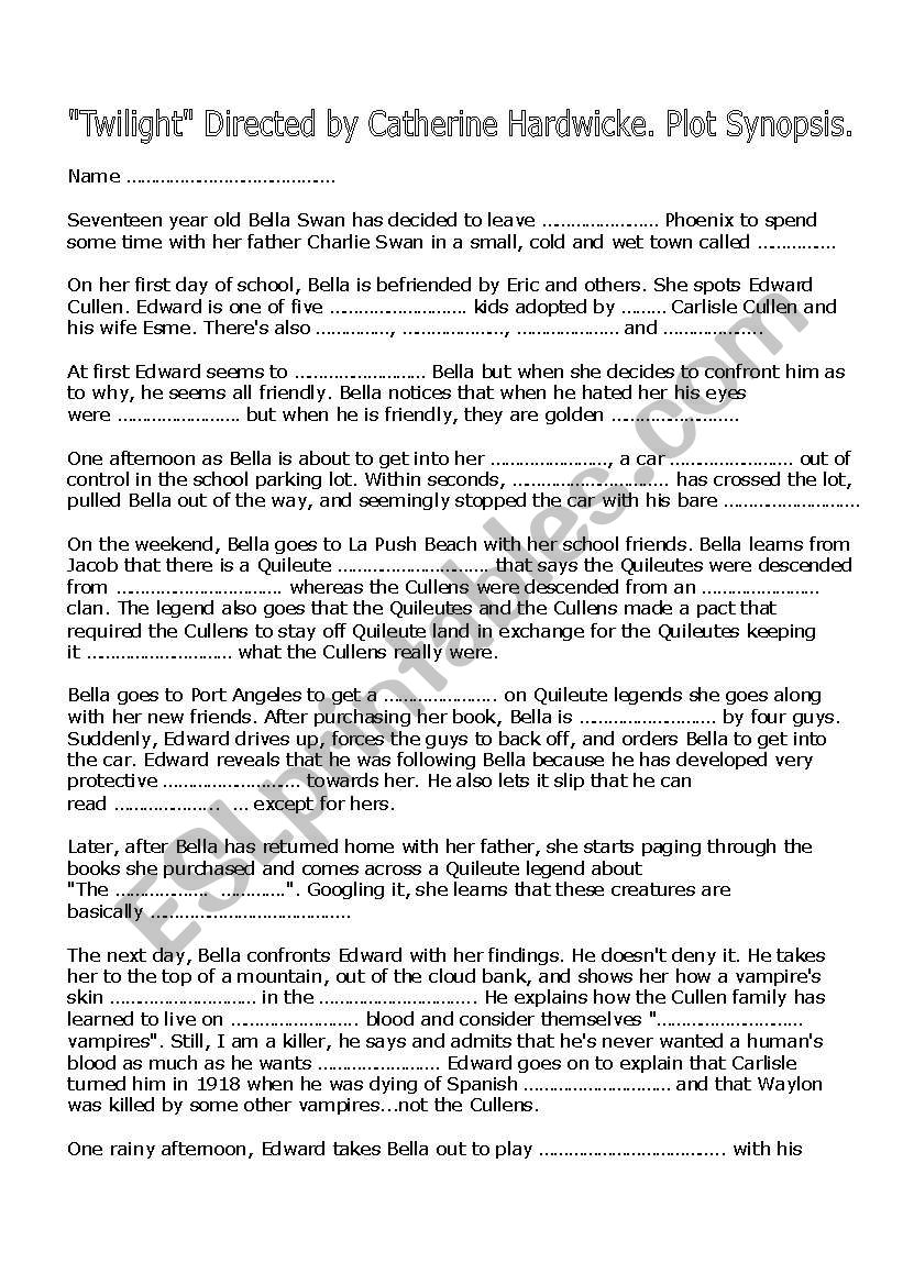 Twilight Plot Synopsis Cloze worksheet