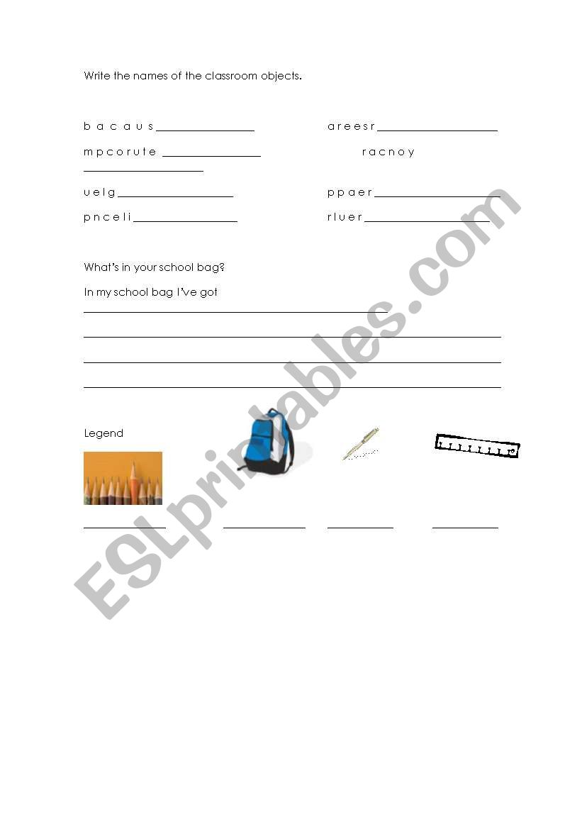 Classroom objects worksheet