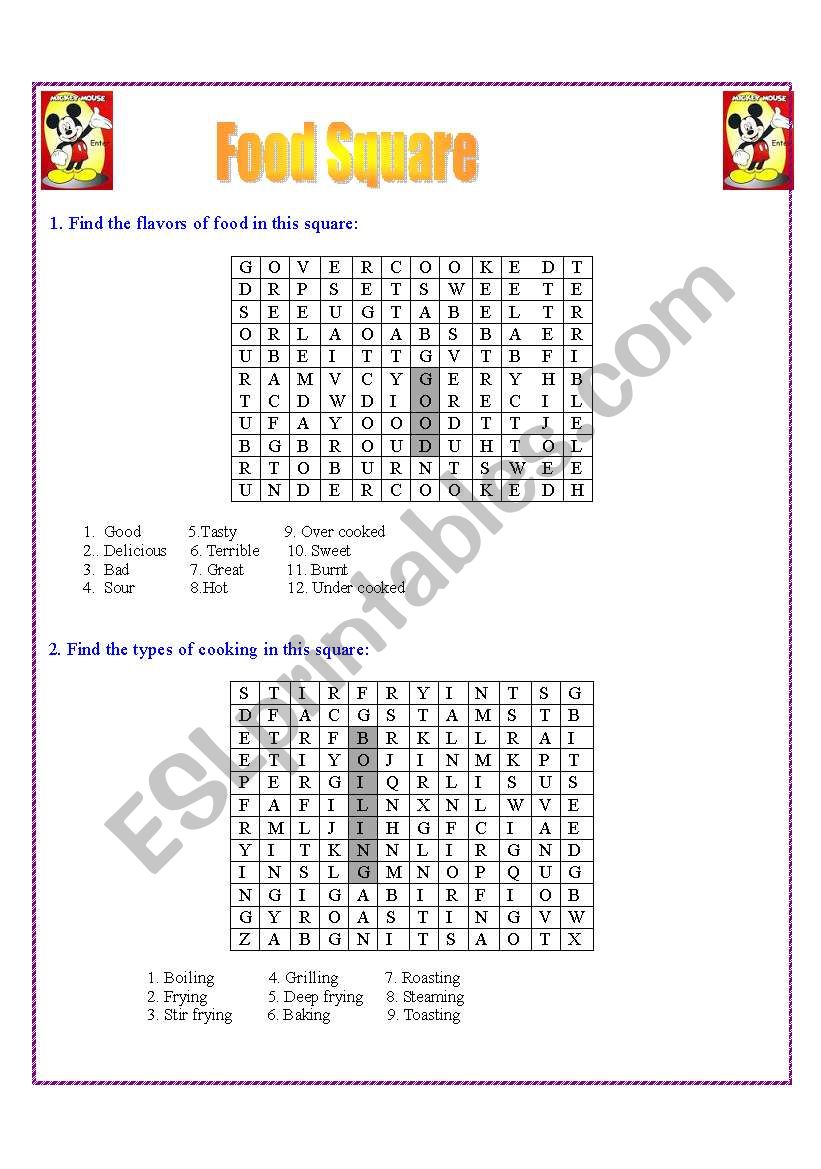 Food Suare worksheet