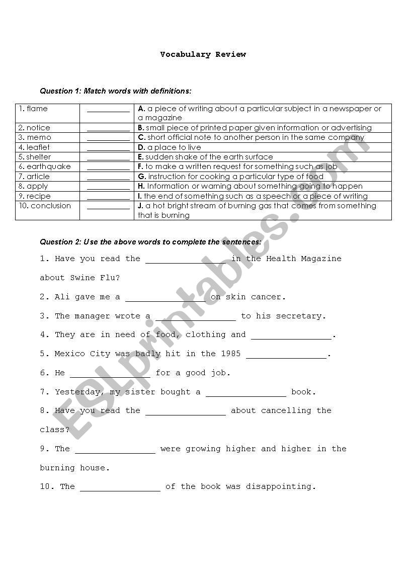 Vocabulary Review worksheet