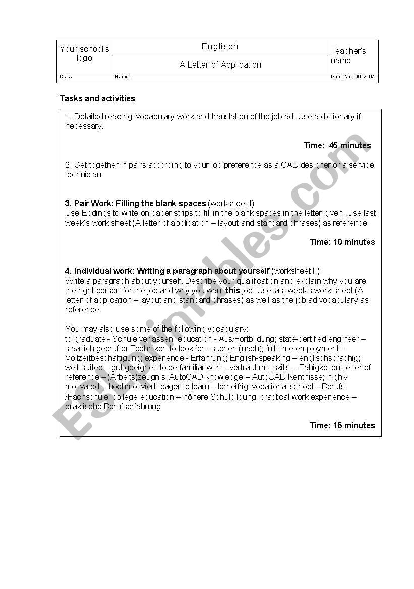 Worksheet Tasks And Activities A Letter Of Application Esl Worksheet By Tempest1989