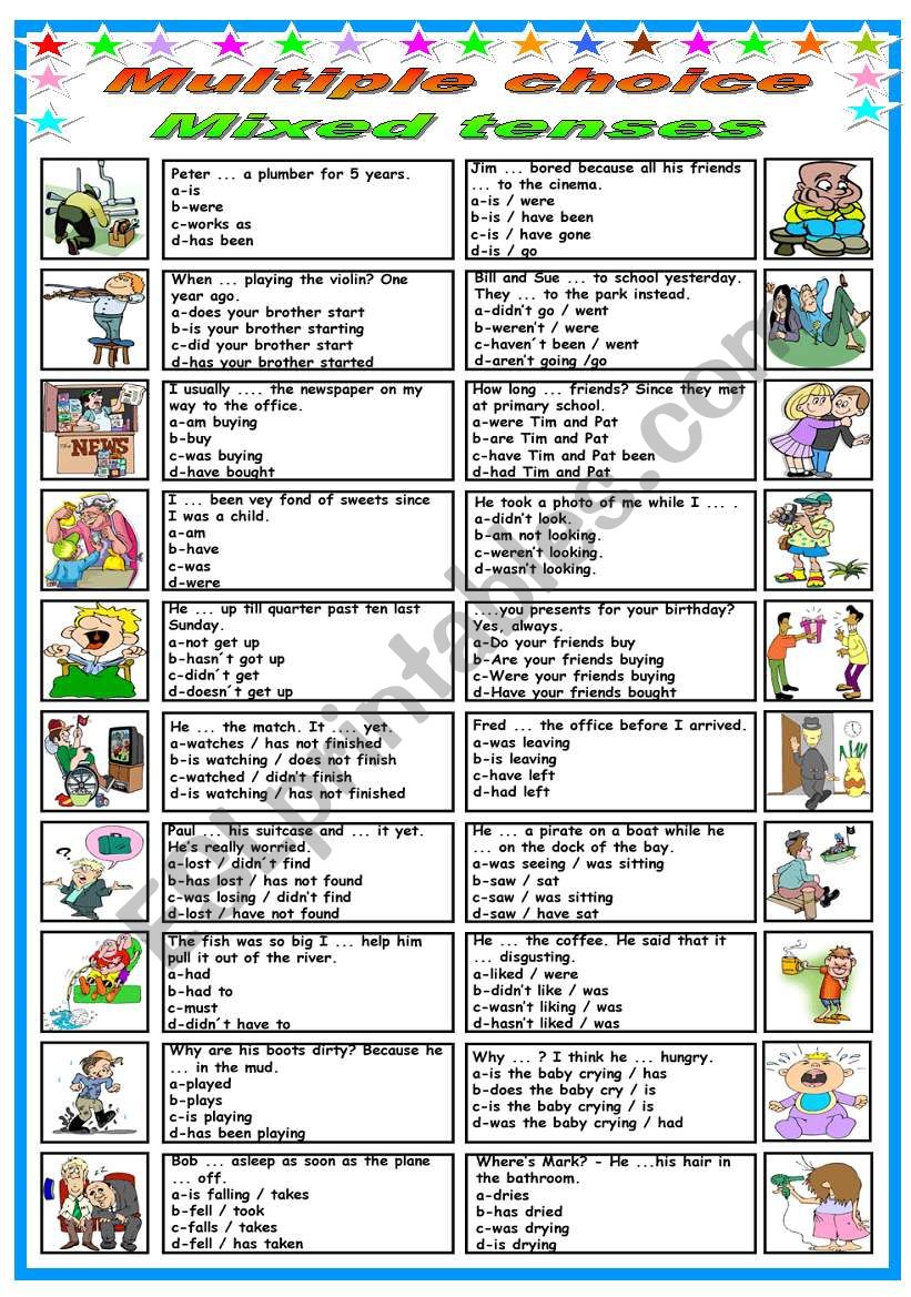 MULTIPLE CHOICE MIXED TENSES B W VERSION INCLUDED ESL Worksheet By 