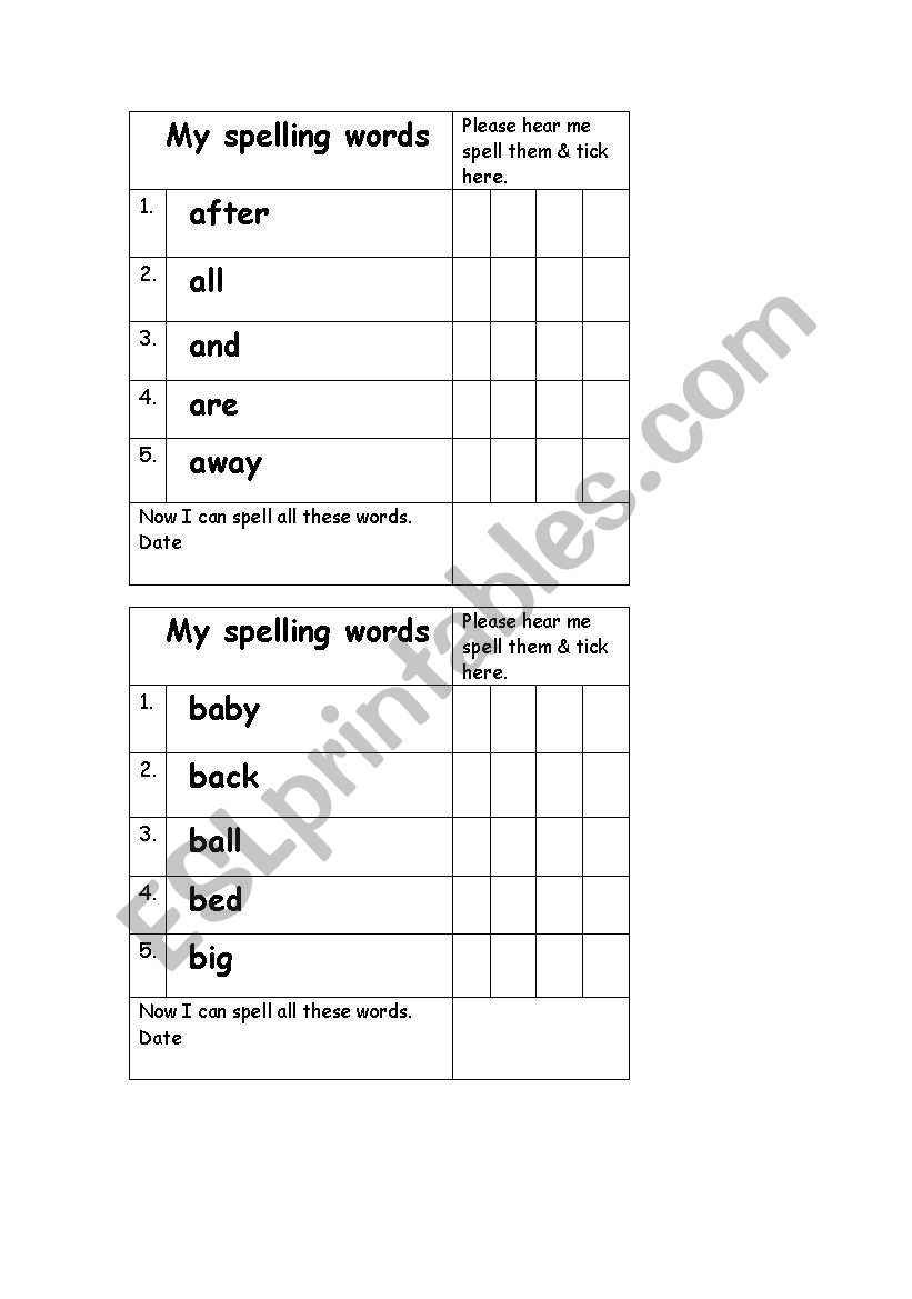My Spelling words level 1 worksheet