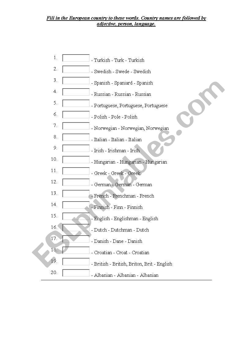 countries and nationalities  worksheet