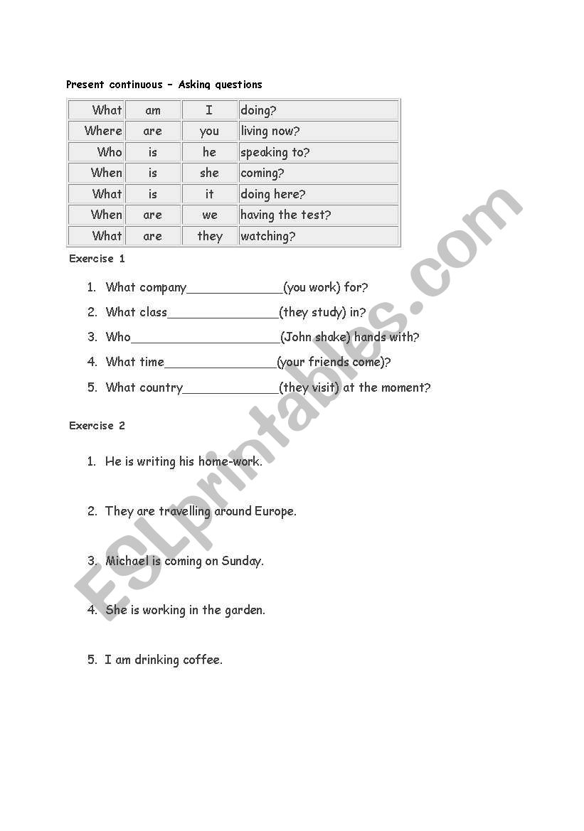 Present continuous - practising questions