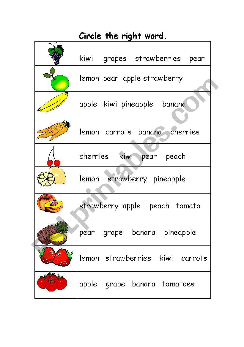 Fruit and Vegetable Choice worksheet