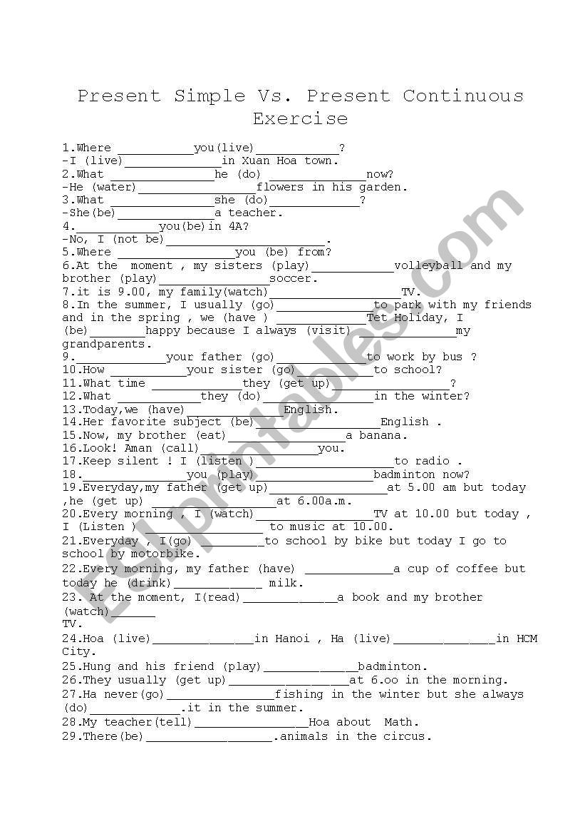 Present Simple Vs Present Continuous Exercises