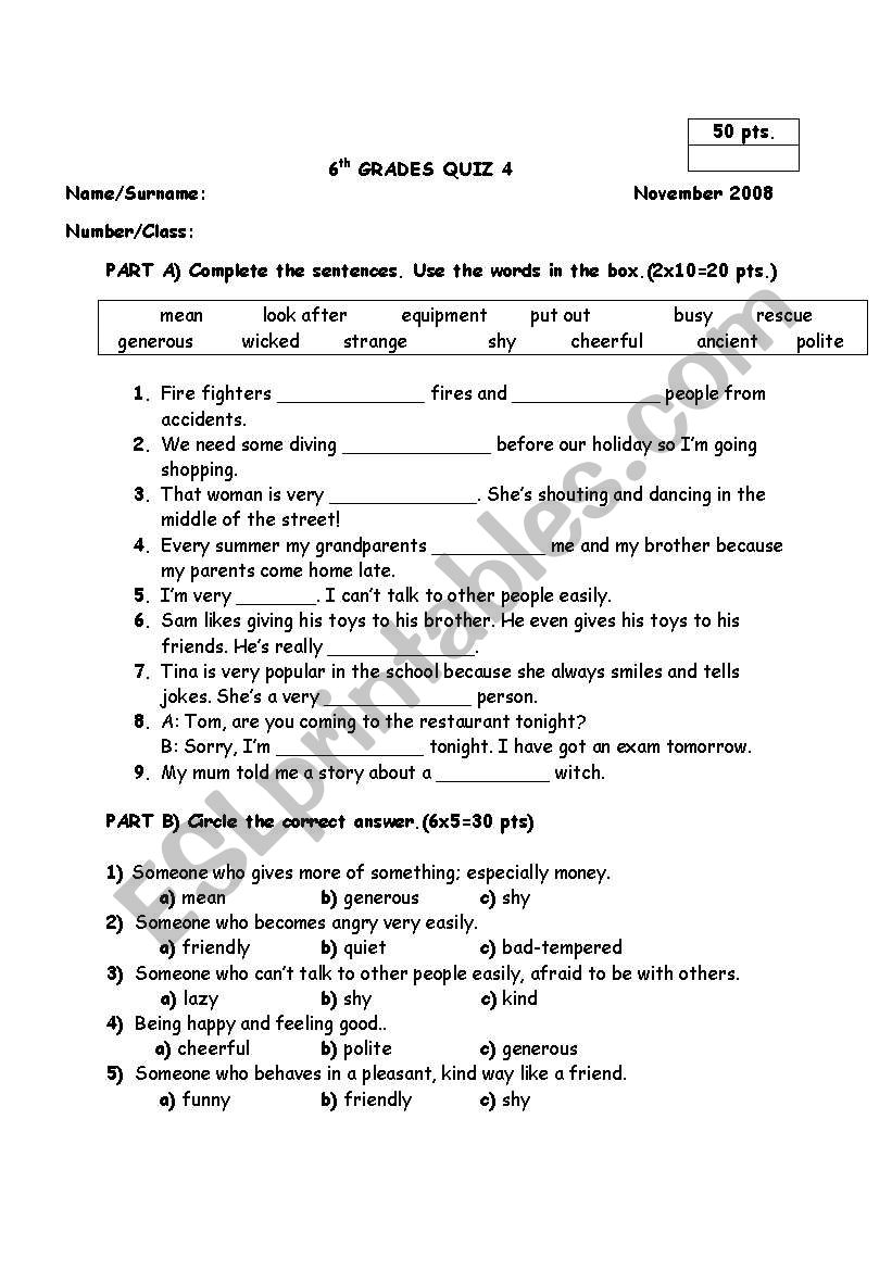 QUIZ FOR 6TH GRADES worksheet