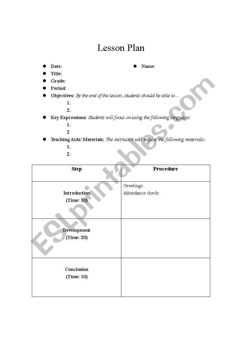 Lesson-Plan template worksheet