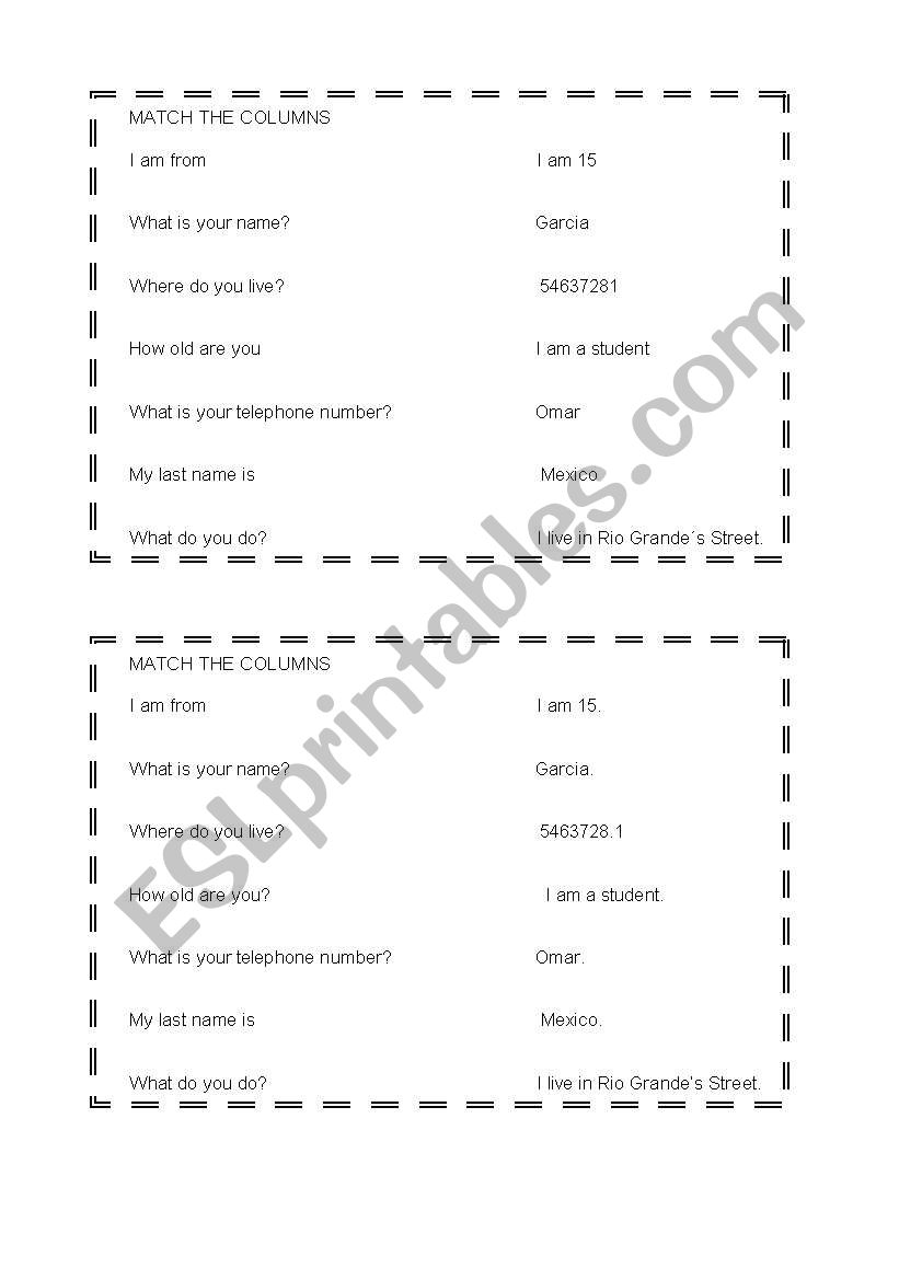 personal id  worksheet