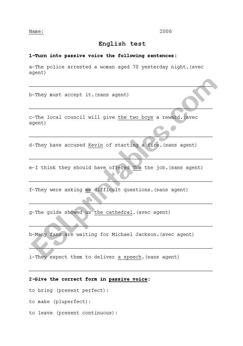 English worksheets: Passive voice test