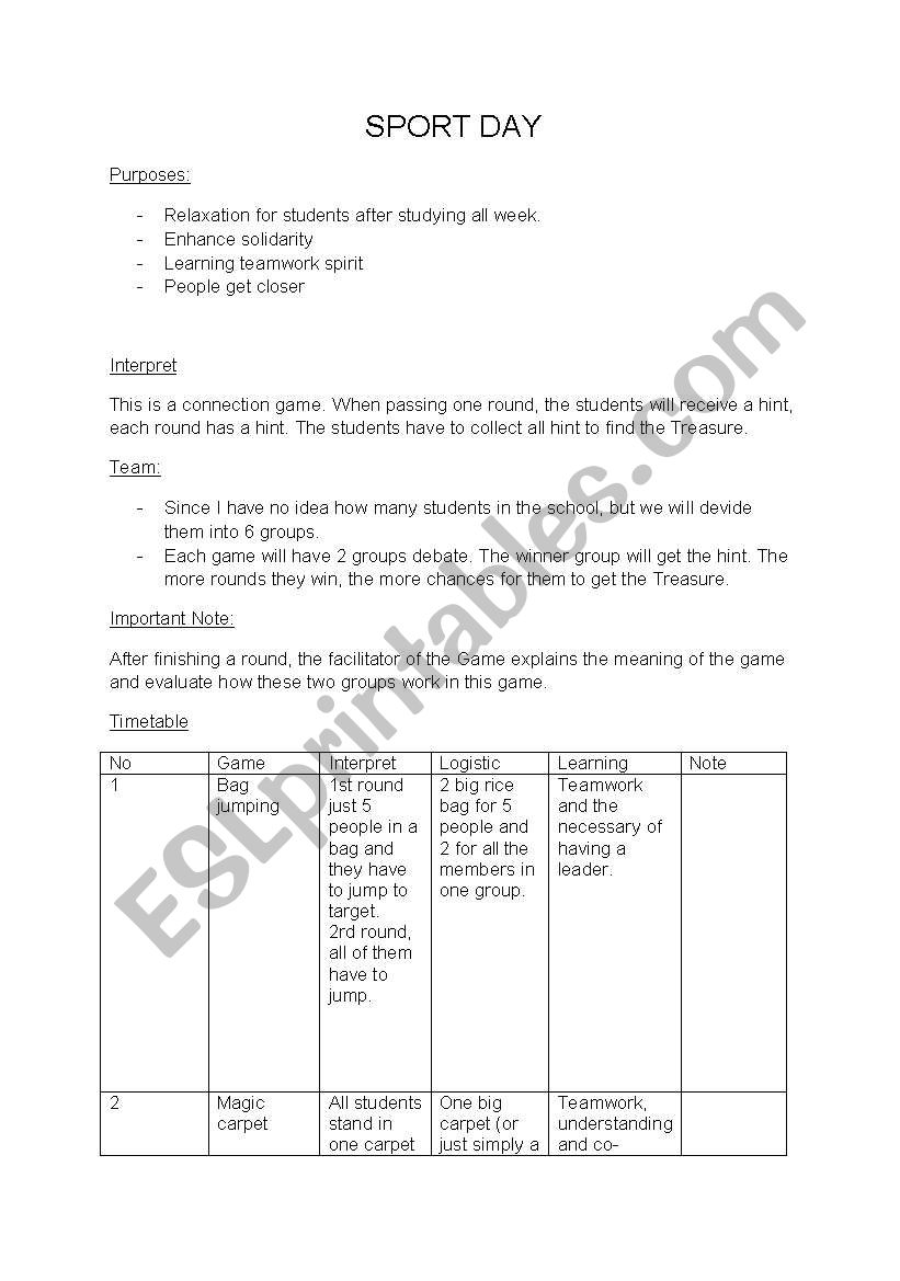 Sport day worksheet