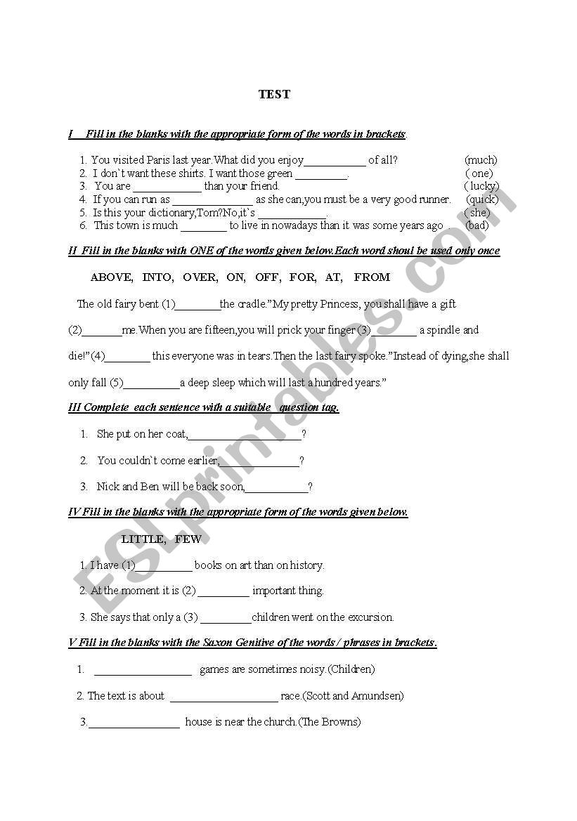 grammar test worksheet