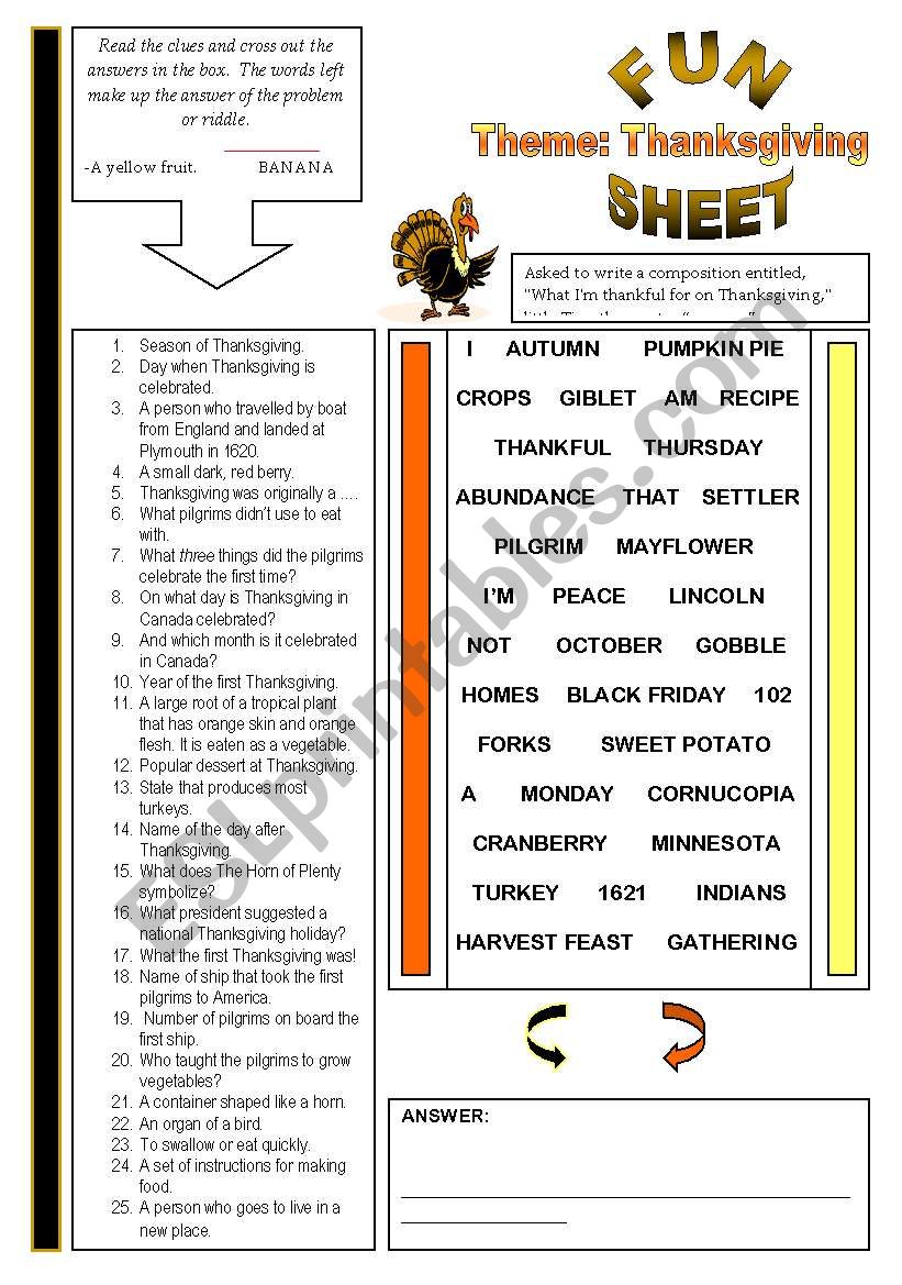 Fun Sheet Theme: Thanksgiving worksheet