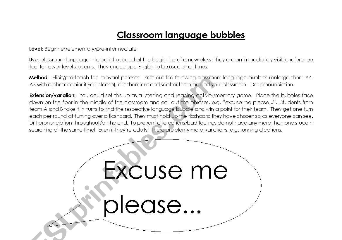 Classroom Language Bubbles worksheet