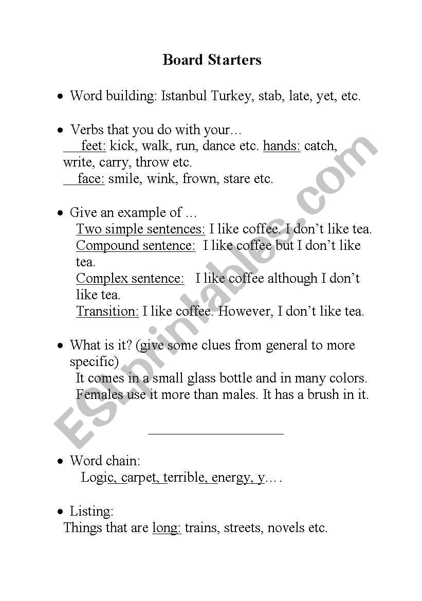 Warmers or Board Starters worksheet