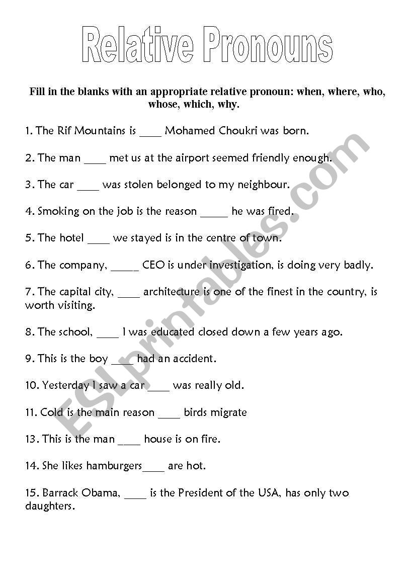 Relative pronouns worksheet