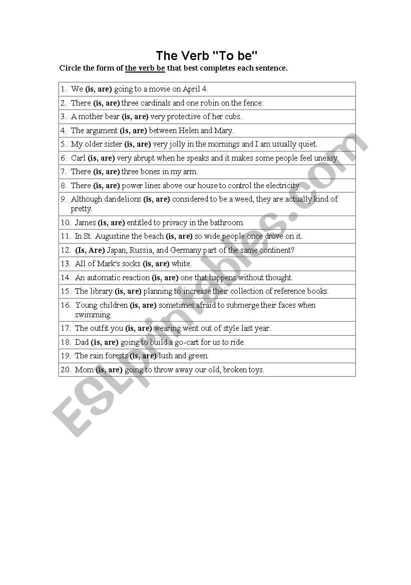 verb to be worksheet