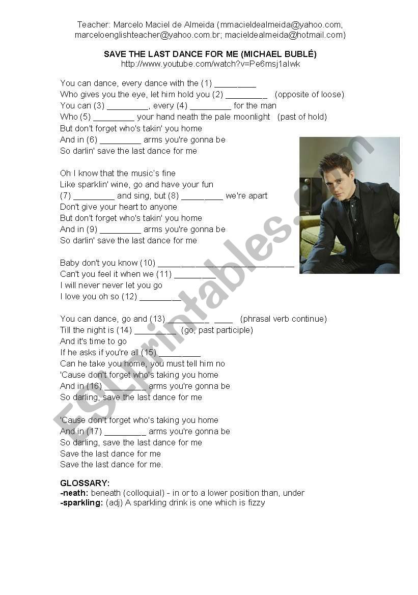 Save The Last Dance For Me Michael BublÉ Esl Worksheet By